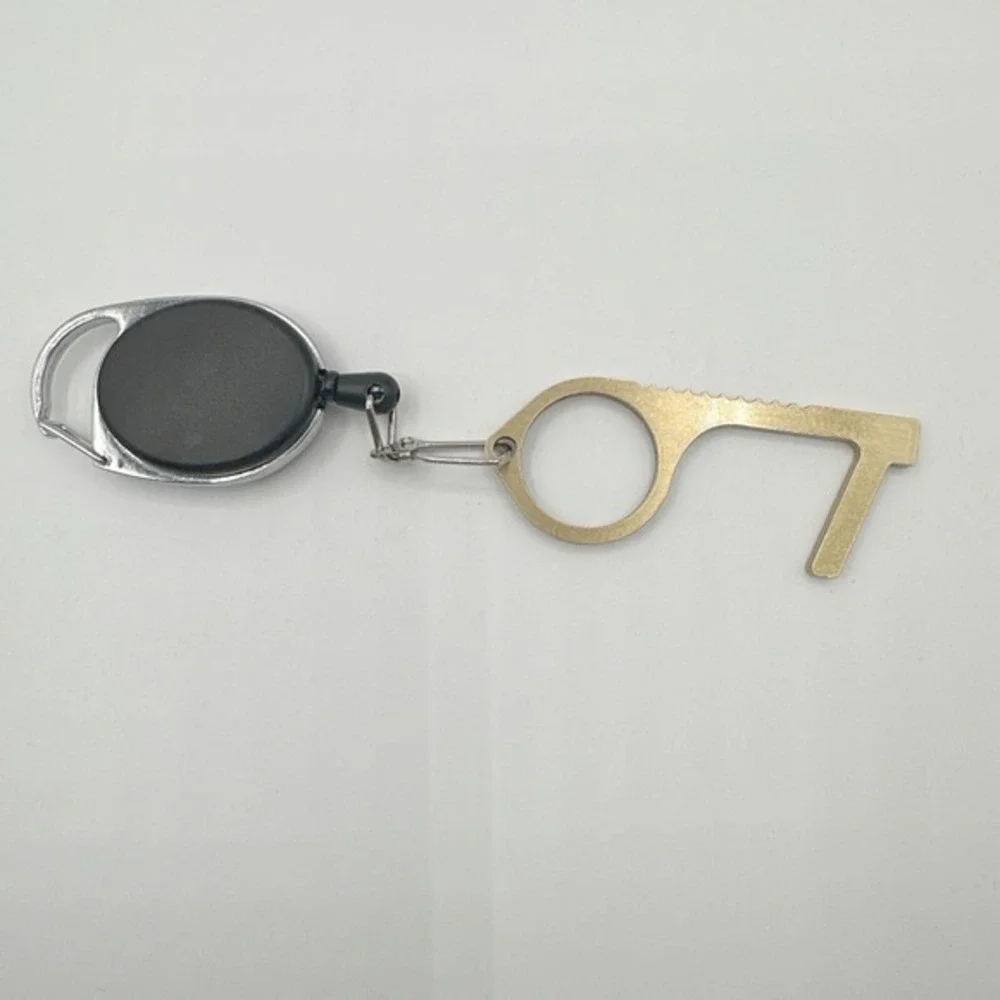 Safe-Ky Brass Touchless Door Opener Tool Retractable Reel‎ Keychain Clip J-01